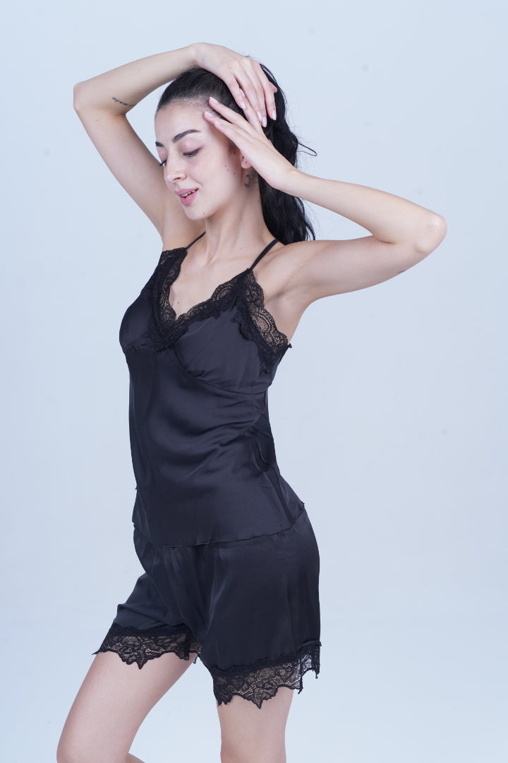 AXTZH Chic 2-Piece Nightwear Set with Strappy Top and Sheer Shorts for Effortless Elegance X2377-BLACK-A4S