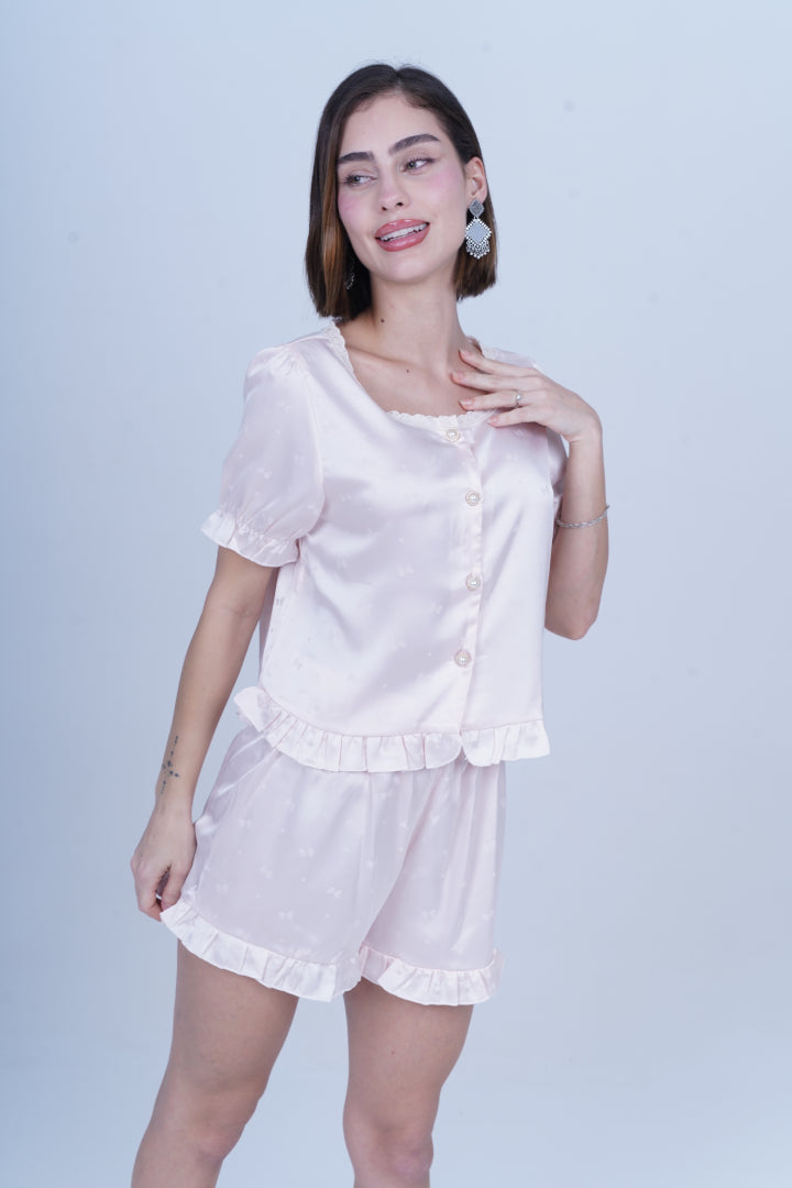 AXTZH Chic 2-Piece Nightwear Set with Strappy Top and Sheer Shorts for Effortless Elegance X3681-BLUSH-A6S