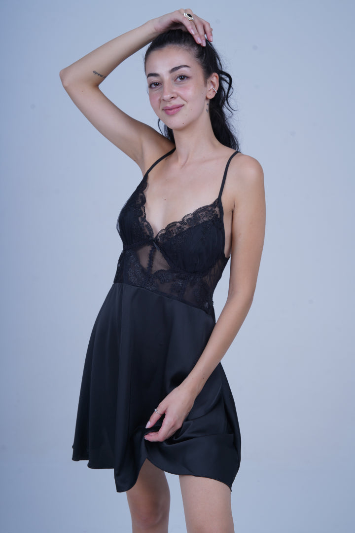 AXTZH Chic and Elegant One-Piece Nightwear with Flowing Silhouette and Delicate Detailing for Women X3589-BLACK-SF1S