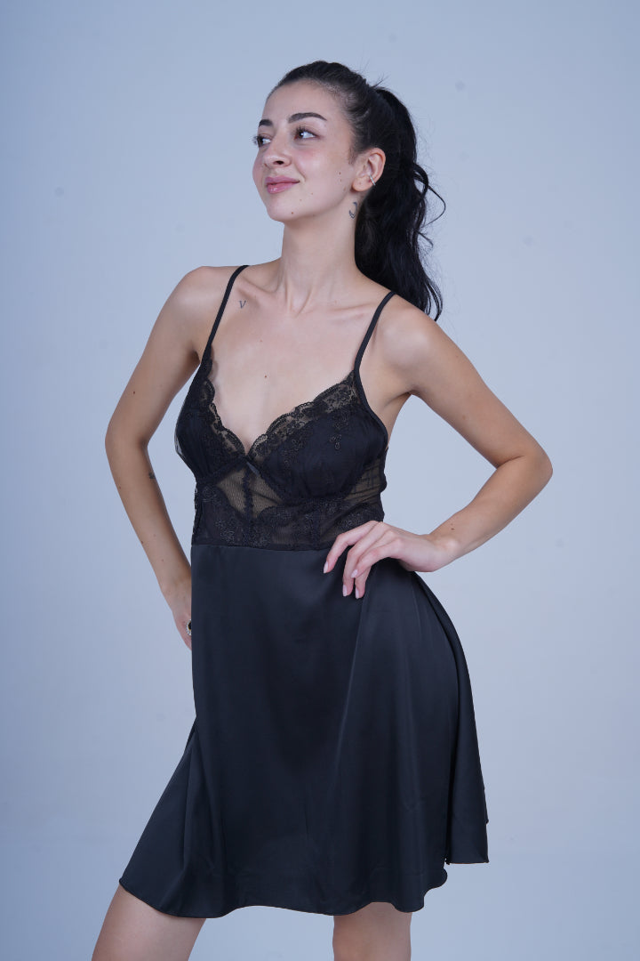 AXTZH Chic and Elegant One-Piece Nightwear with Flowing Silhouette and Delicate Detailing for Women X3589-BLACK-SF1S