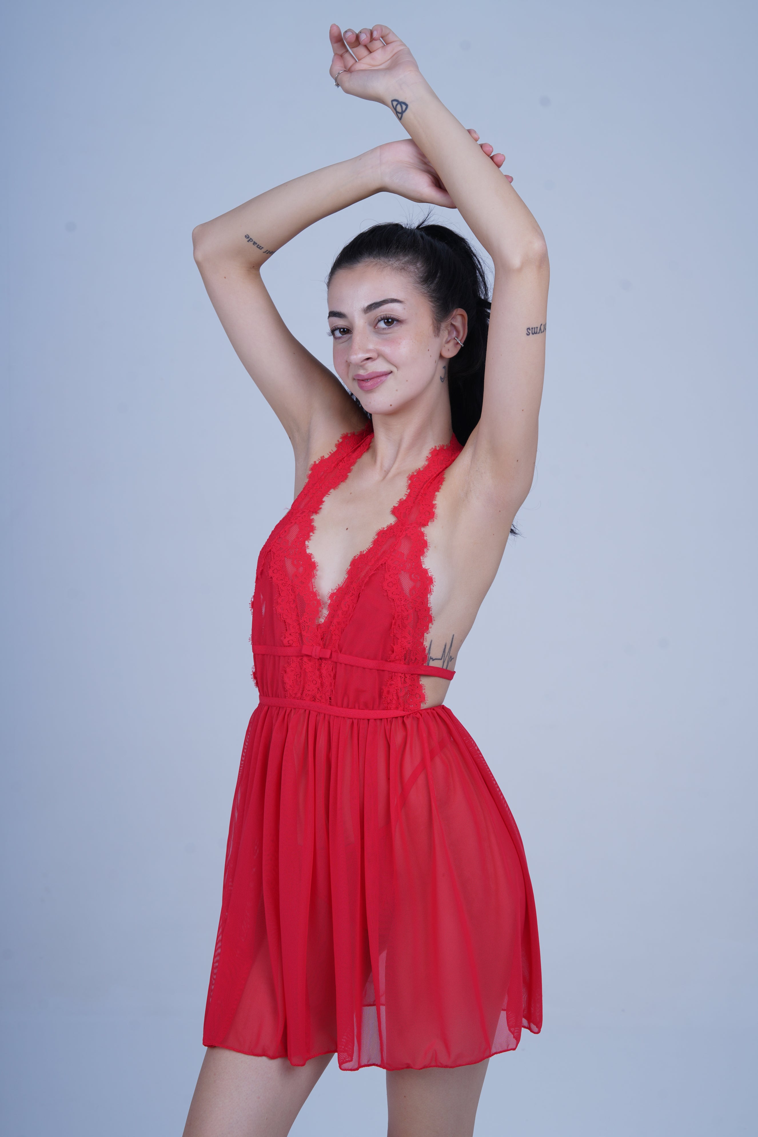 AXTZH Romantic 1-Piece Sexy Nightwear with Deep Neckline and Sheer Flowing Design for Women X9019-RED-SF1N