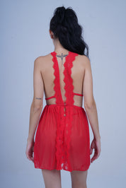 AXTZH Romantic 1-Piece Sexy Nightwear with Deep Neckline and Sheer Flowing Design for Women X9019-RED-SF1N