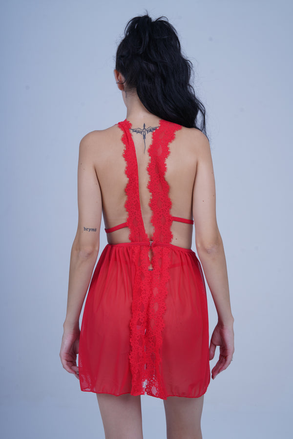 AXTZH Romantic 1-Piece Sexy Nightwear with Deep Neckline and Sheer Flowing Design for Women X9019-RED-SF1N