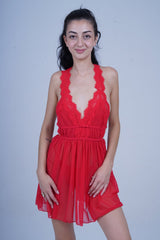 AXTZH Romantic 1-Piece Sexy Nightwear with Deep Neckline and Sheer Flowing Design for Women X9019-RED-SF1N