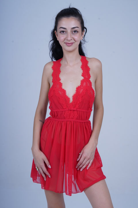 AXTZH Romantic 1-Piece Sexy Nightwear with Deep Neckline and Sheer Flowing Design for Women X9019-RED-SF1N