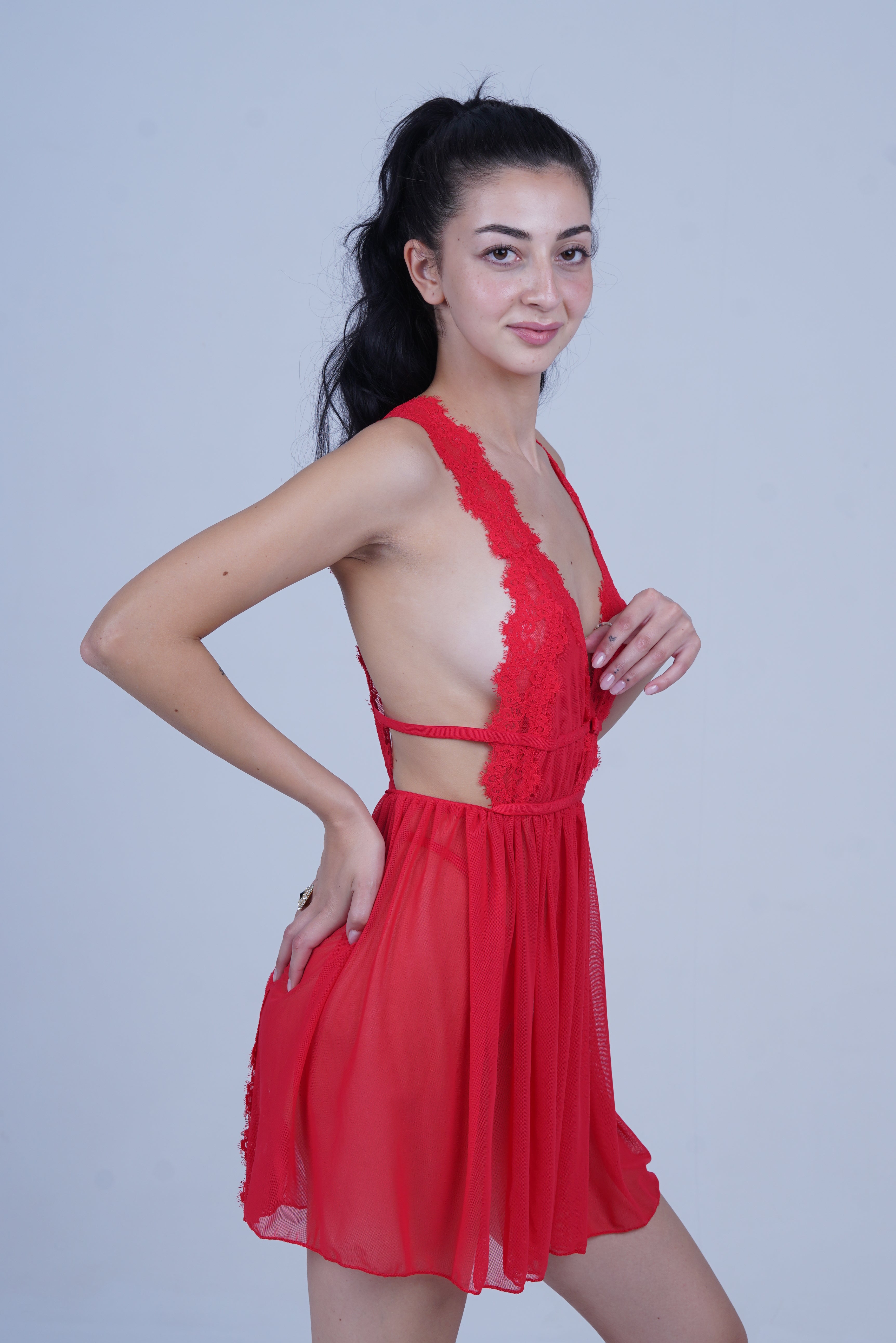 AXTZH Romantic 1-Piece Sexy Nightwear with Deep Neckline and Sheer Flowing Design for Women X9019-RED-SF1N
