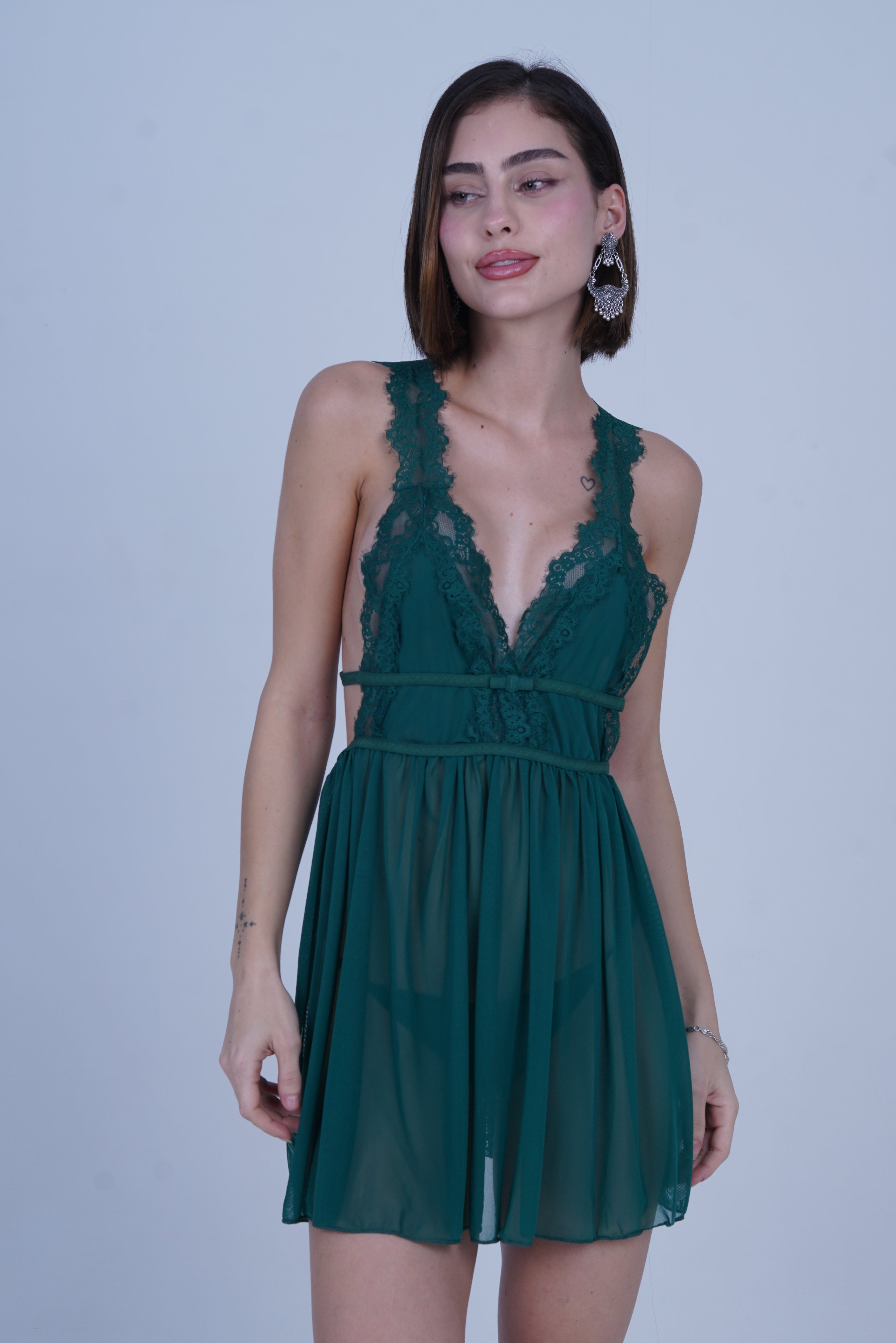 AXTZH Romantic 1-Piece Sexy Nightwear with Deep Neckline and Sheer Flowing Design for Women X9019-PINE-SF1N