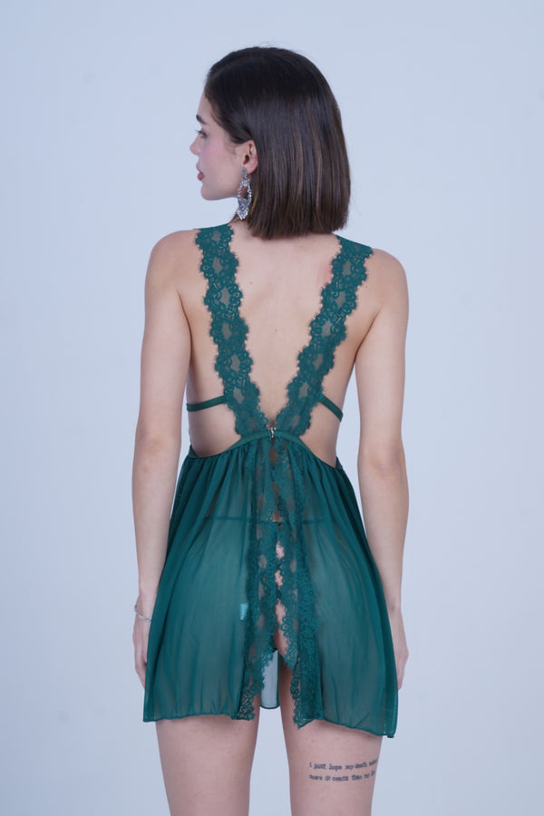 AXTZH Romantic 1-Piece Sexy Nightwear with Deep Neckline and Sheer Flowing Design for Women X9019-PINE-SF1N