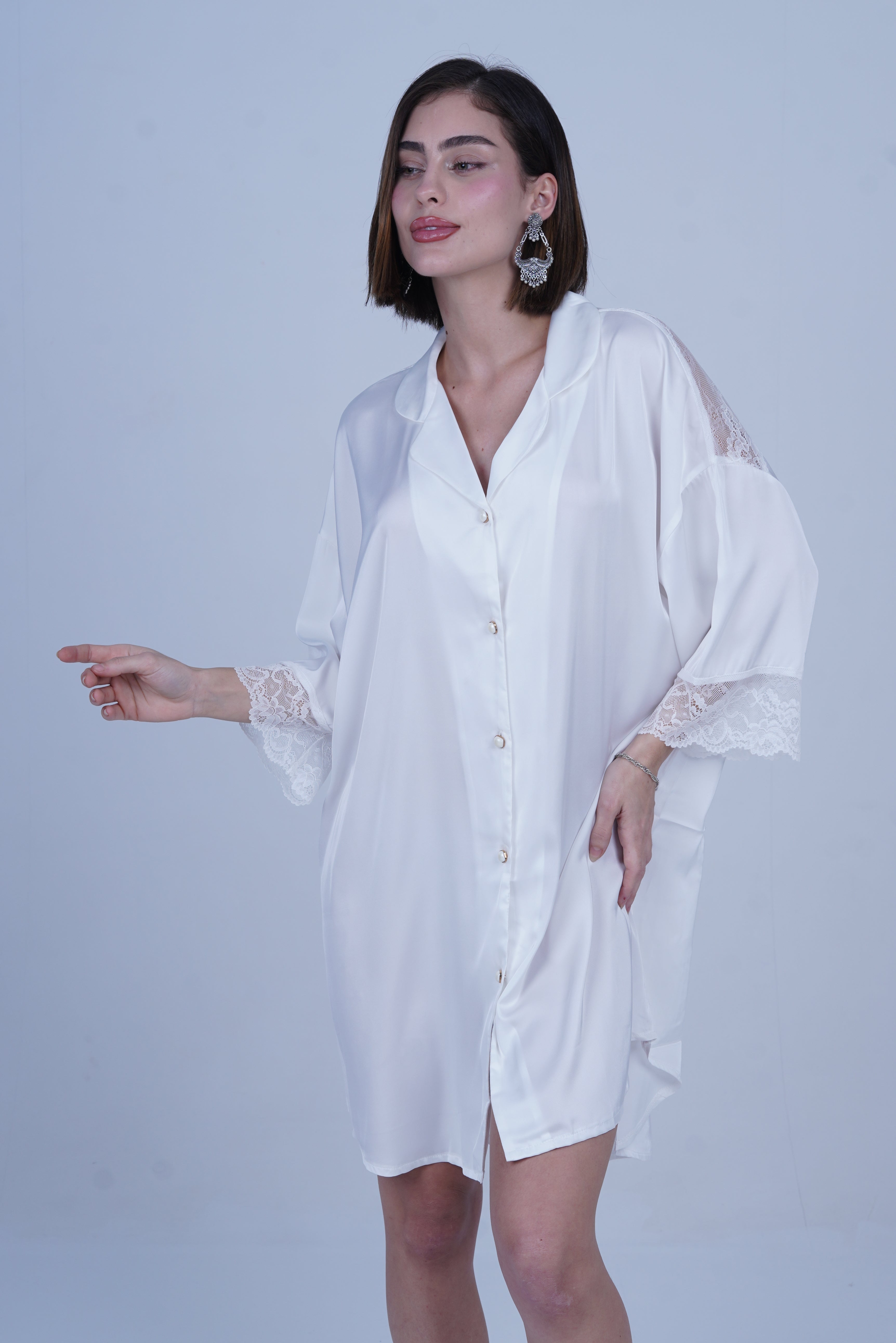 AXTZH Relaxed Fit Nightwear for Women with Shirt Collar and Soft Satin Finish X2654-IVORY-G1S