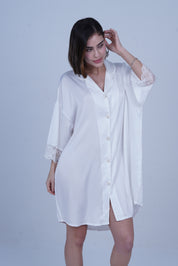 AXTZH Relaxed Fit Nightwear for Women with Shirt Collar and Soft Satin Finish X2654-IVORY-G1S
