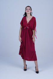AXTZH Elegant Long Nightwear for Women with Delicate Lace Detailing and Flowing Silhouette X2501-MERLOT-F2M