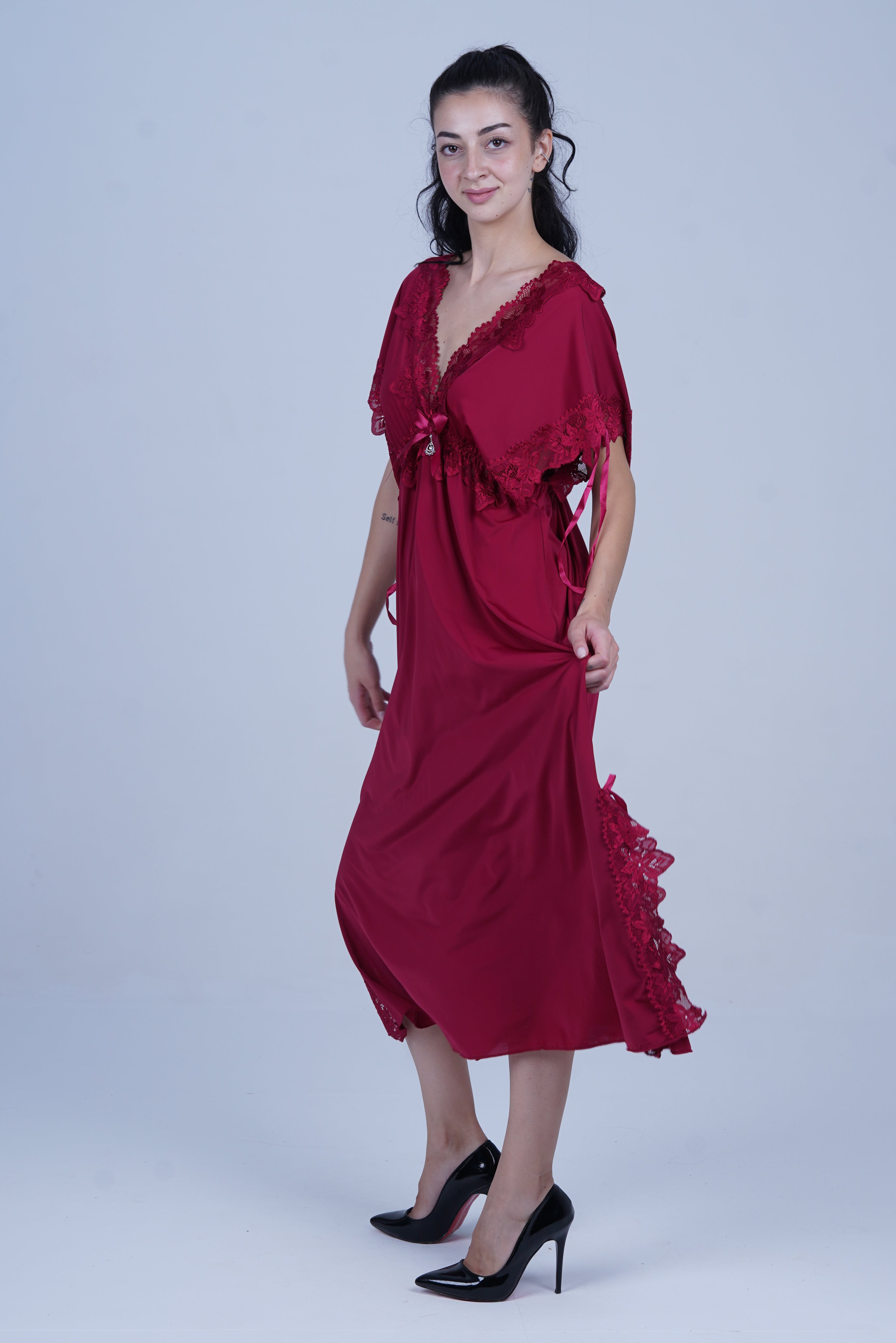 AXTZH Elegant Long Nightwear for Women with Delicate Lace Detailing and Flowing Silhouette X2501-MERLOT-F2M