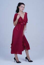 AXTZH Elegant Long Nightwear for Women with Delicate Lace Detailing and Flowing Silhouette X2501-MERLOT-F2M