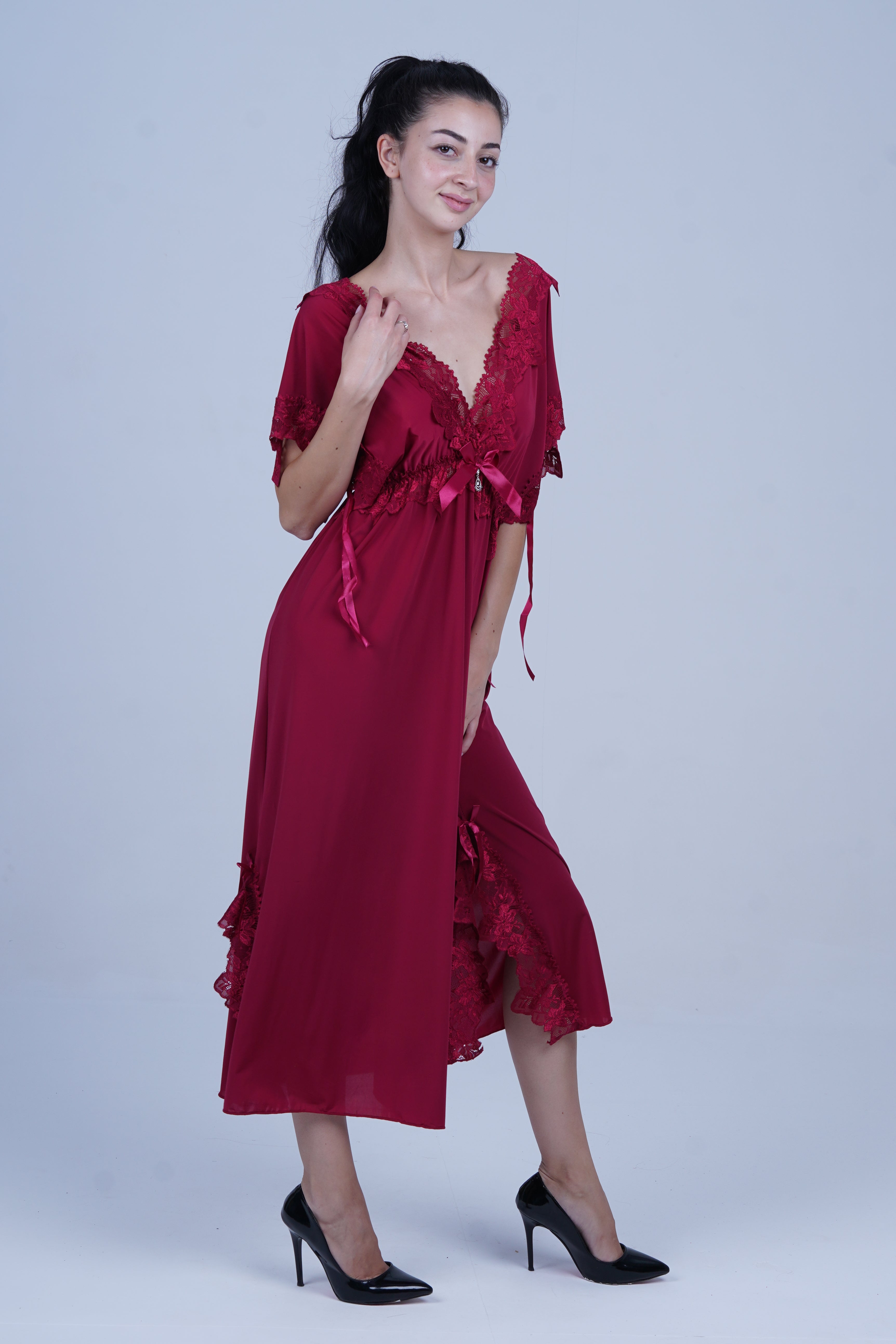 AXTZH Elegant Long Nightwear for Women with Delicate Lace Detailing and Flowing Silhouette X2501-MERLOT-F2M