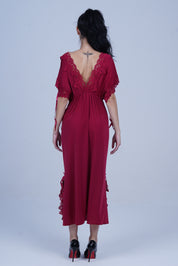 AXTZH Elegant Long Nightwear for Women with Delicate Lace Detailing and Flowing Silhouette X2501-MERLOT-F2M