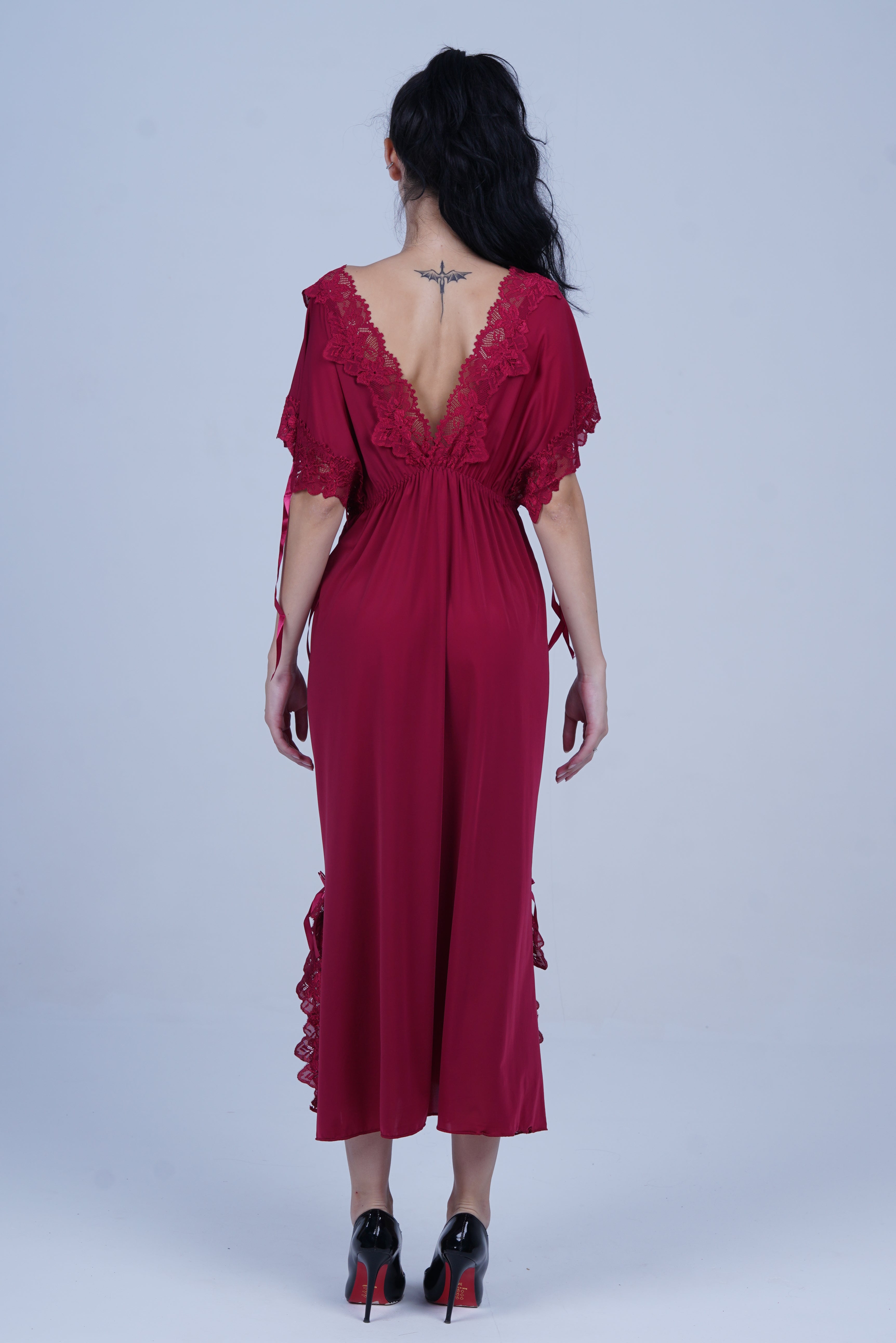 AXTZH Elegant Long Nightwear for Women with Delicate Lace Detailing and Flowing Silhouette X2501-MERLOT-F2M