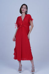 AXTZH Elegant Long Nightwear for Women with Delicate Lace Detailing and Flowing Silhouette X2501-RED-F2M