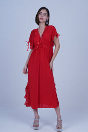 AXTZH Elegant Long Nightwear for Women with Delicate Lace Detailing and Flowing Silhouette X2501-RED-F2M