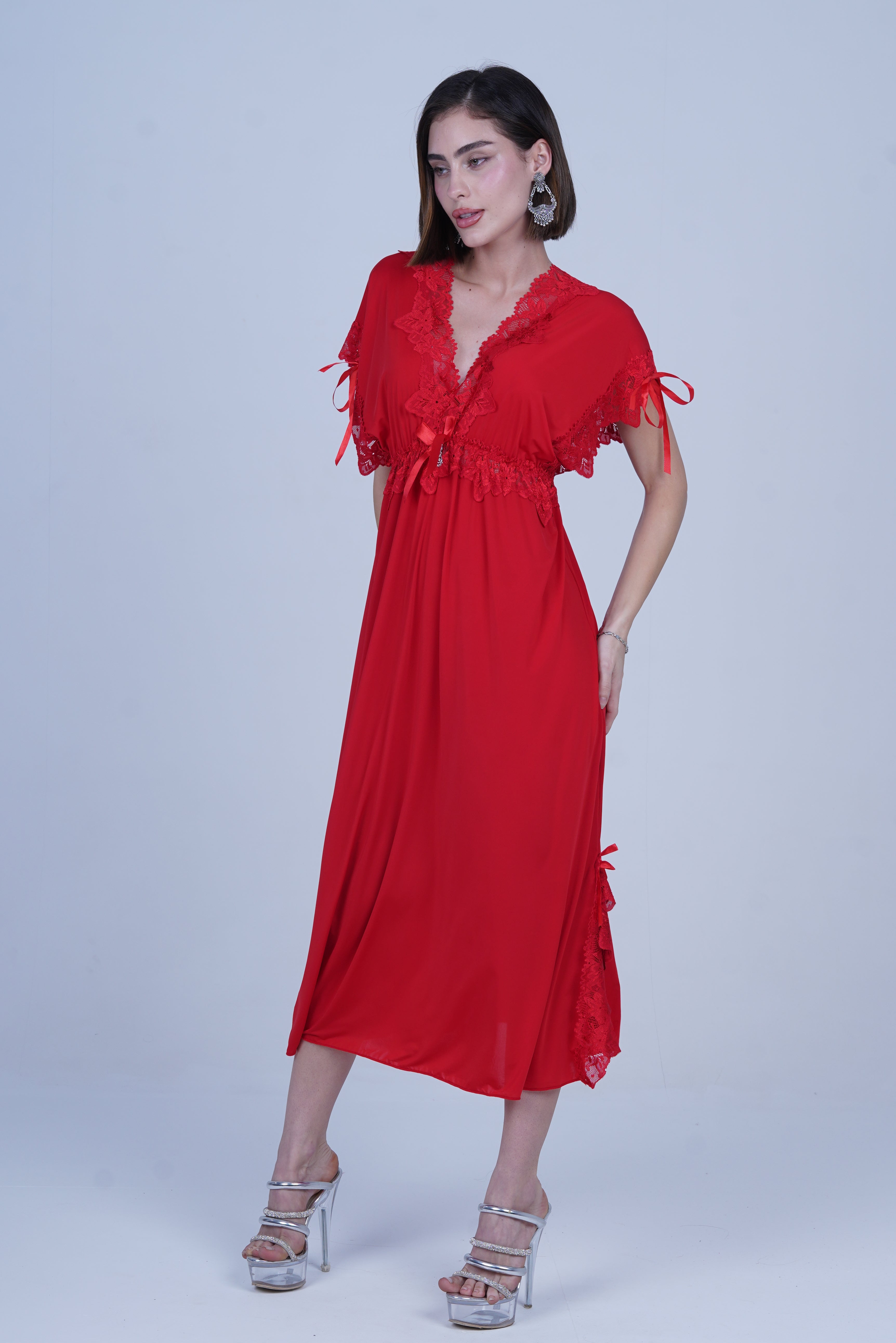 AXTZH Elegant Long Nightwear for Women with Delicate Lace Detailing and Flowing Silhouette X2501-RED-F2M