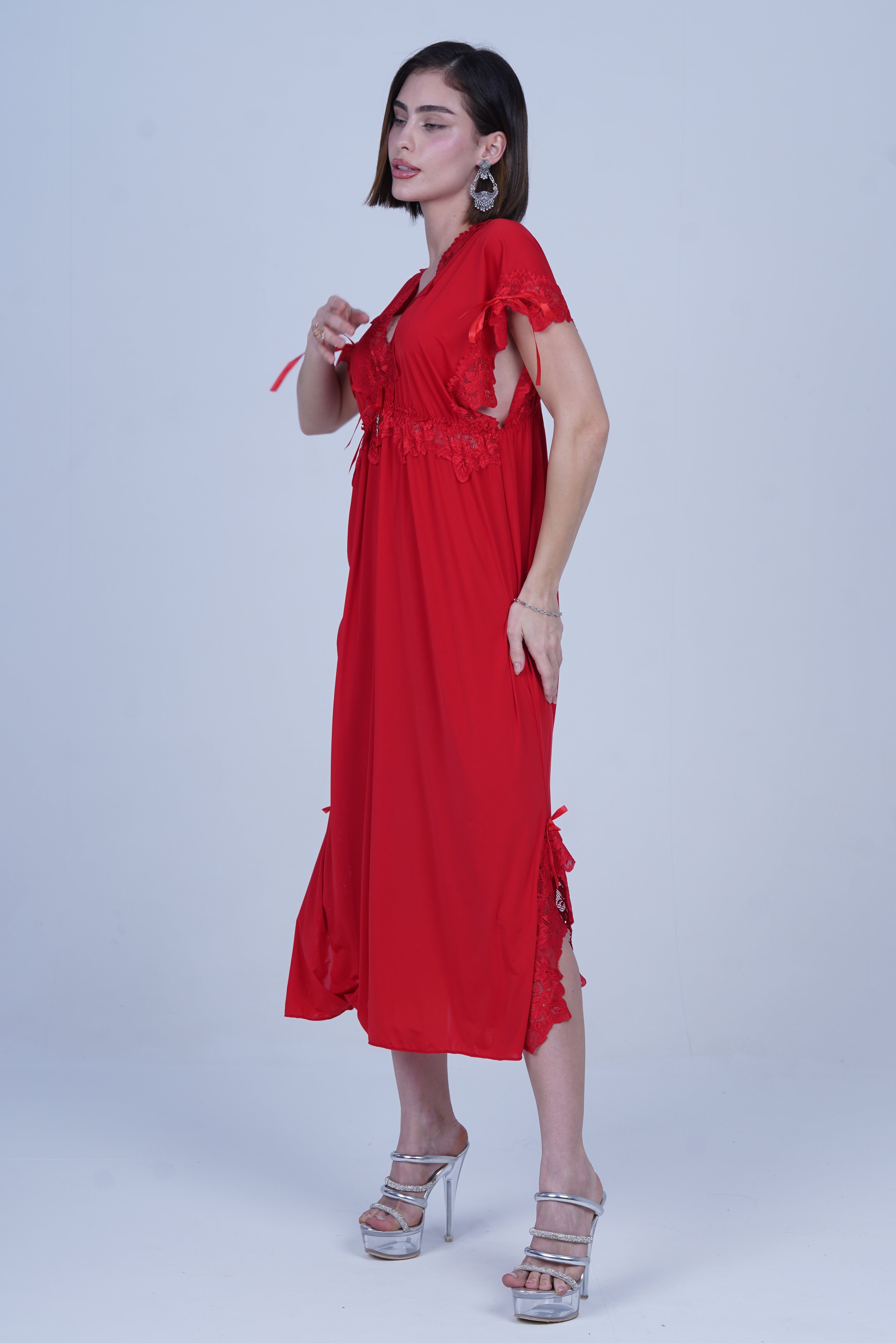 AXTZH Elegant Long Nightwear for Women with Delicate Lace Detailing and Flowing Silhouette X2501-RED-F2M