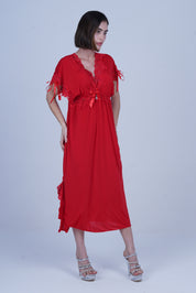 AXTZH Elegant Long Nightwear for Women with Delicate Lace Detailing and Flowing Silhouette X2501-RED-F2M