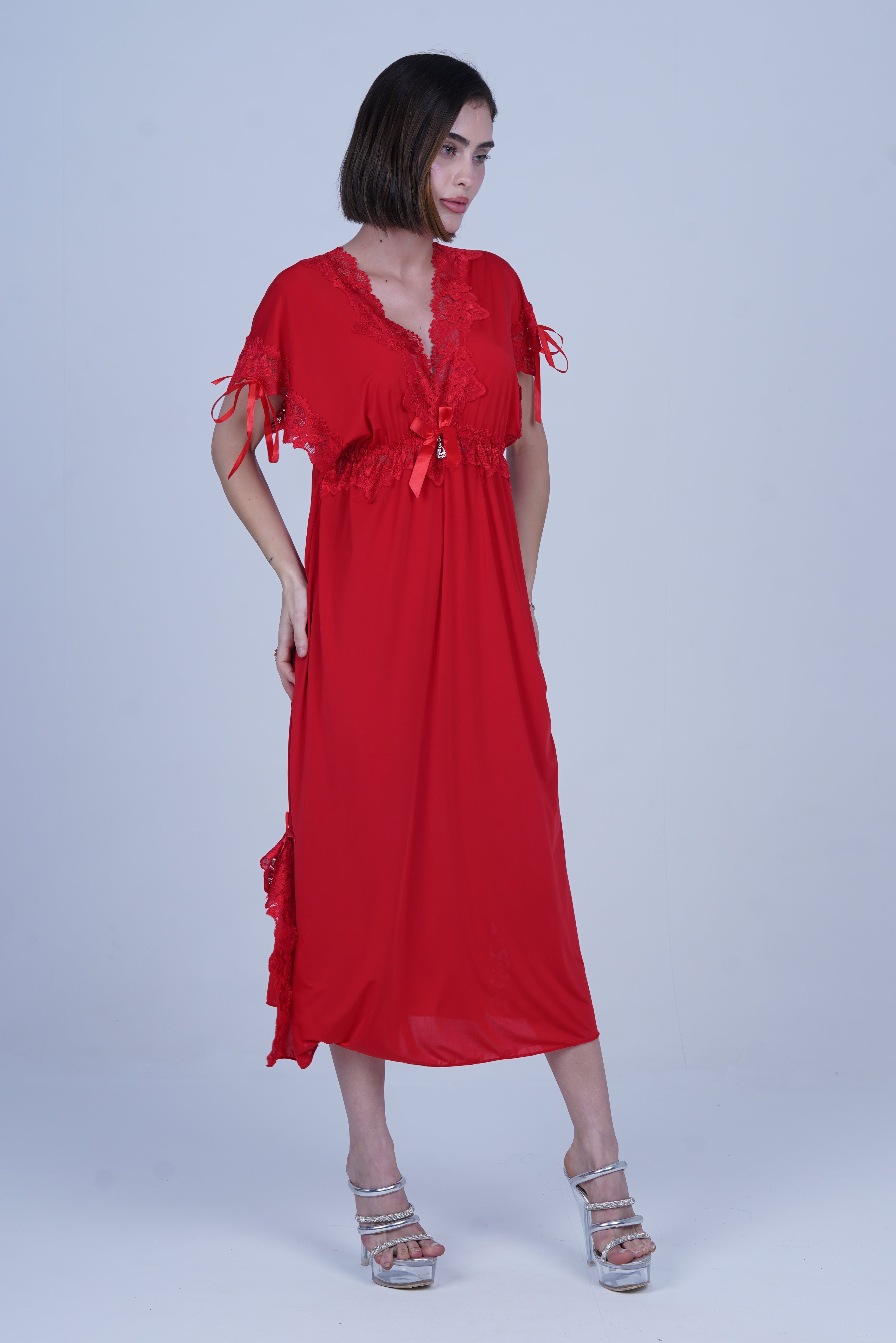 AXTZH Elegant Long Nightwear for Women with Delicate Lace Detailing and Flowing Silhouette X2501-RED-F2M