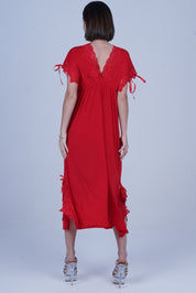AXTZH Elegant Long Nightwear for Women with Delicate Lace Detailing and Flowing Silhouette X2501-RED-F2M