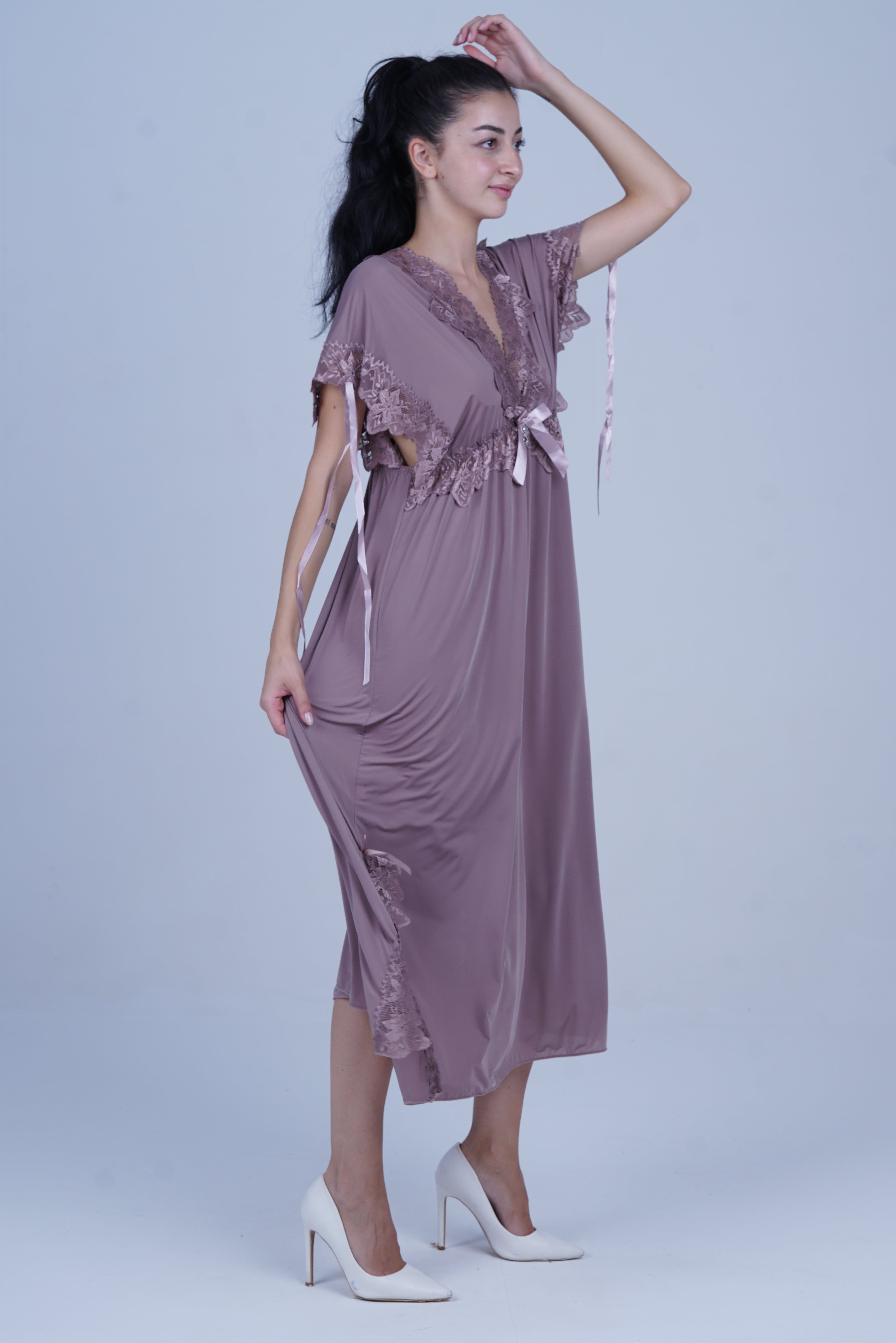 AXTZH Elegant Long Nightwear for Women with Delicate Lace Detailing and Flowing Silhouette X2501-FF-F2M