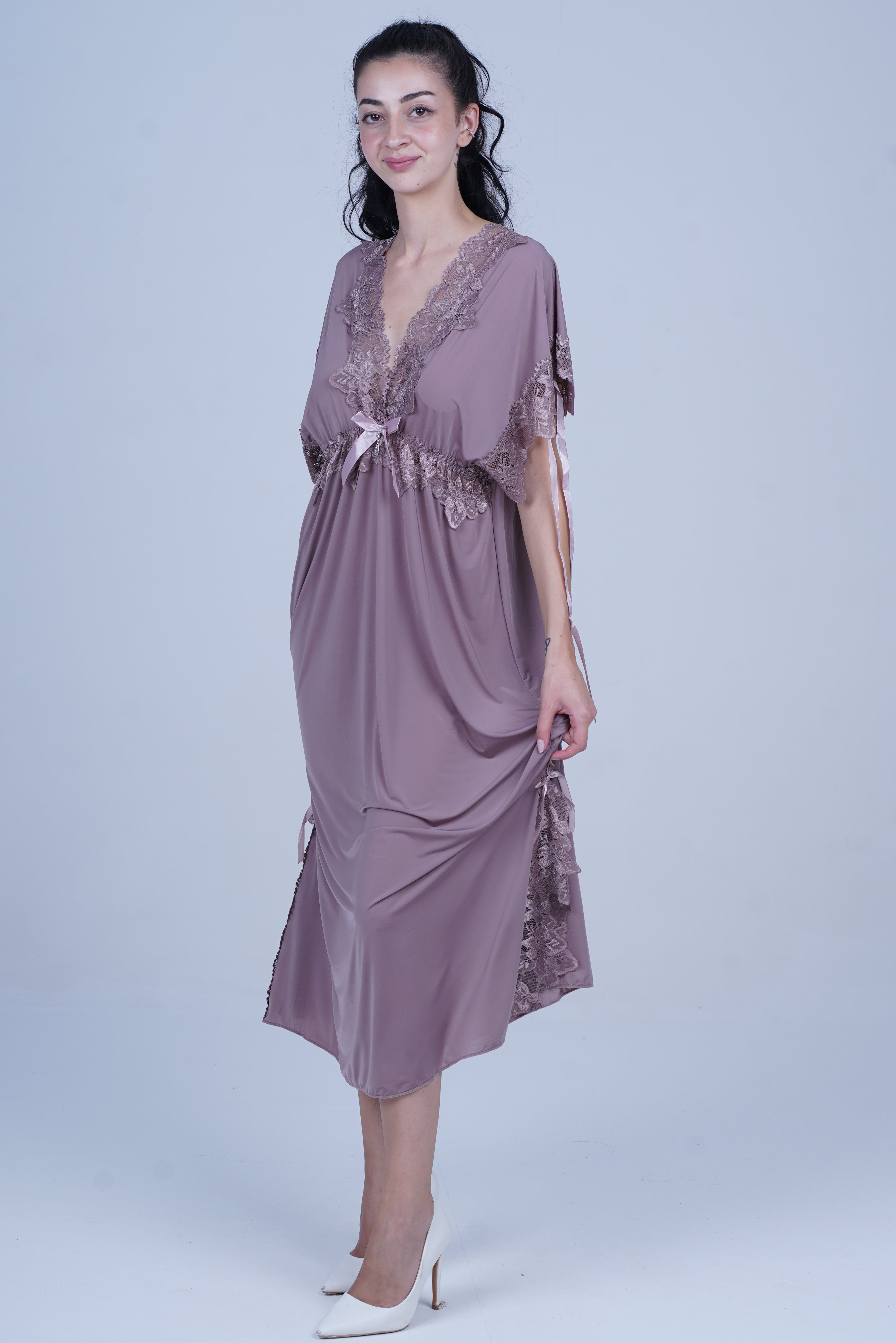 AXTZH Elegant Long Nightwear for Women with Delicate Lace Detailing and Flowing Silhouette X2501-FF-F2M