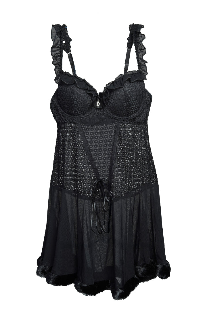 AXTZH Sheer Lace bridal Nightwear with Thong X0997-Black-F1N