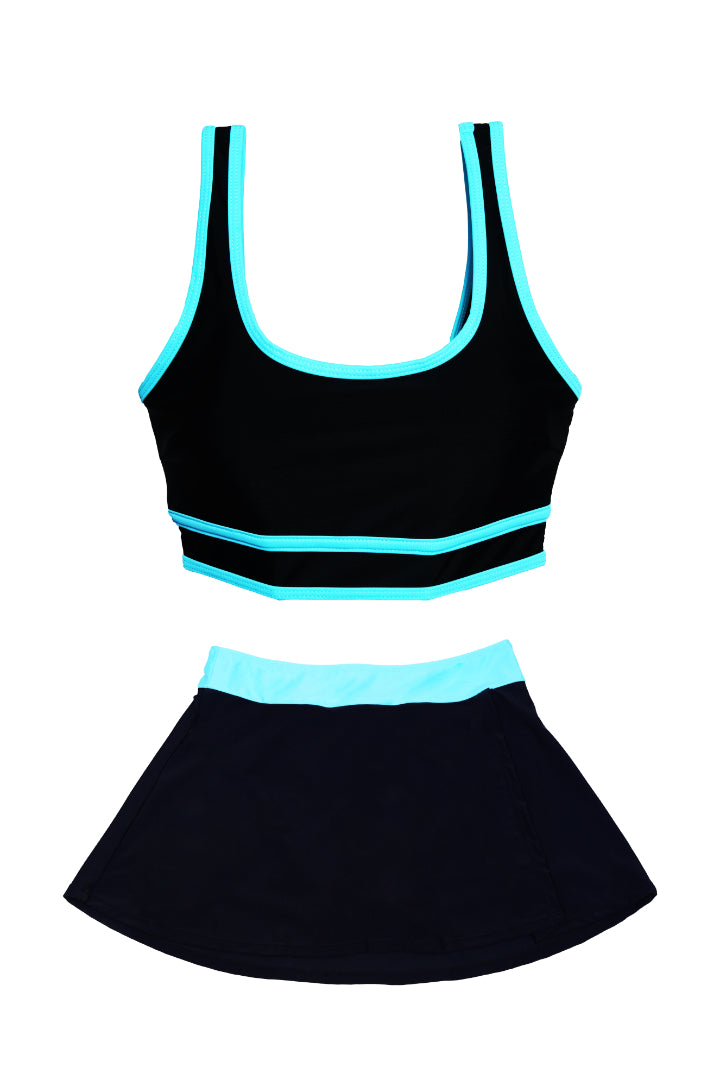 AXTZH Sporty Scoop-Neck Swim Set with Flared Skirt X2514-BLKBU-2PF