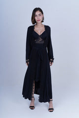 AXTZH Graceful Two-Piece Women’s Nightwear Set with Sheer Sleeves and Embroidered Detailing X3037-BLACK-F22M