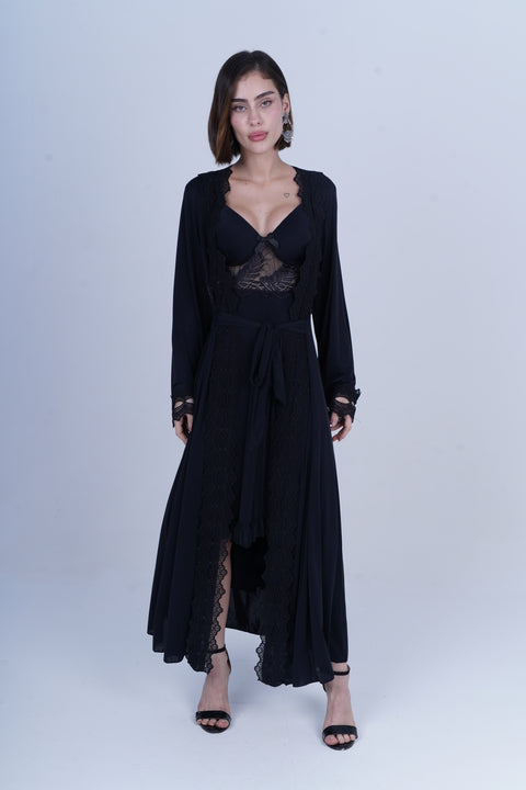 AXTZH Graceful Two-Piece Women’s Nightwear Set with Sheer Sleeves and Embroidered Detailing X3037-BLACK-F22M