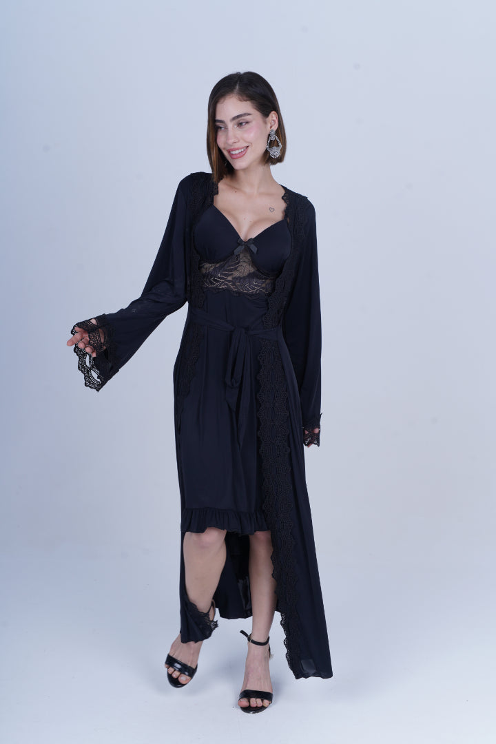 AXTZH Graceful Two-Piece Women’s Nightwear Set with Sheer Sleeves and Embroidered Detailing X3037-BLACK-F22M