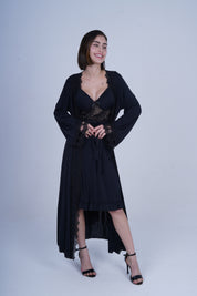 AXTZH Graceful Two-Piece Women’s Nightwear Set with Sheer Sleeves and Embroidered Detailing X3037-BLACK-F22M