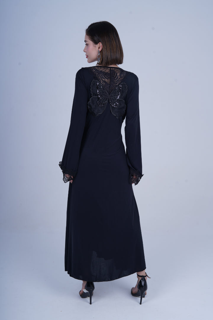 AXTZH Graceful Two-Piece Women’s Nightwear Set with Sheer Sleeves and Embroidered Detailing X3037-BLACK-F22M