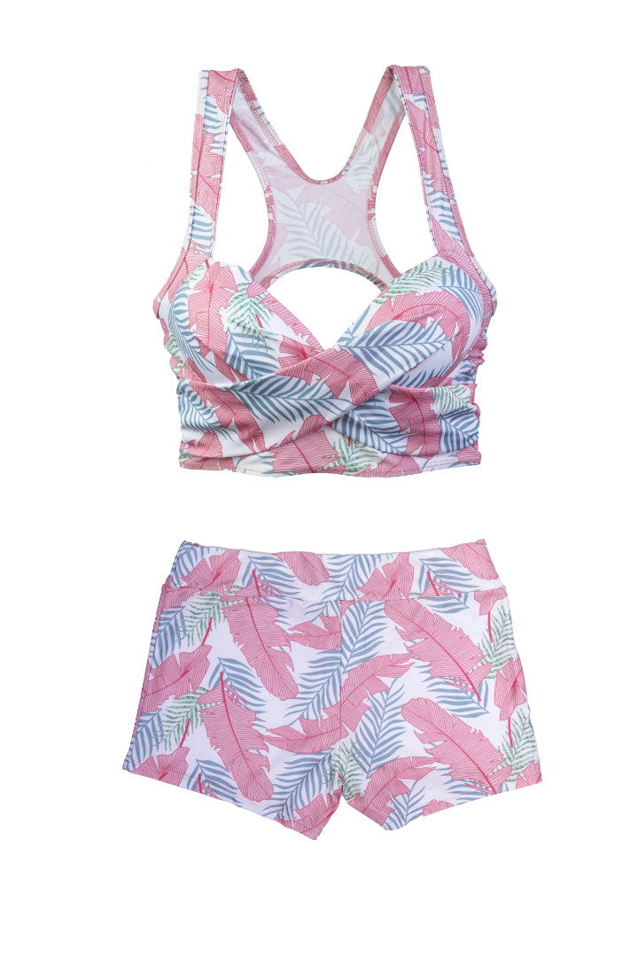 AXTZH Cross-Front Bralette & Shorts Swimwear Set X3026-PINPR-3PS