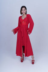 AXTZH Graceful Two-Piece Women’s Nightwear Set with Sheer Sleeves and Embroidered Detailing X3037-CRIMSON-F22M