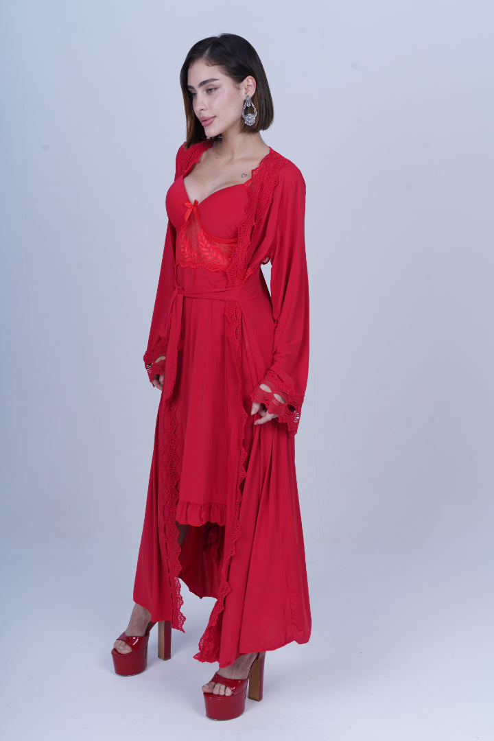 AXTZH Graceful Two-Piece Women’s Nightwear Set with Sheer Sleeves and Embroidered Detailing X3037-CRIMSON-F22M