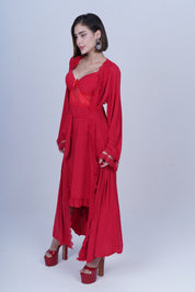 AXTZH Graceful Two-Piece Women’s Nightwear Set with Sheer Sleeves and Embroidered Detailing X3037-CRIMSON-F22M