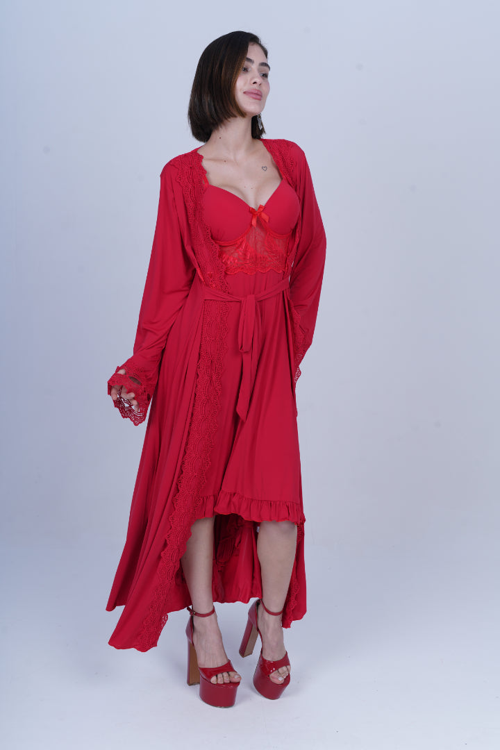 AXTZH Graceful Two-Piece Women’s Nightwear Set with Sheer Sleeves and Embroidered Detailing X3037-CRIMSON-F22M