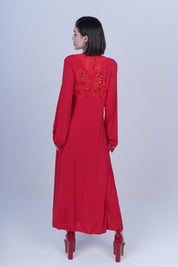 AXTZH Graceful Two-Piece Women’s Nightwear Set with Sheer Sleeves and Embroidered Detailing X3037-CRIMSON-F22M