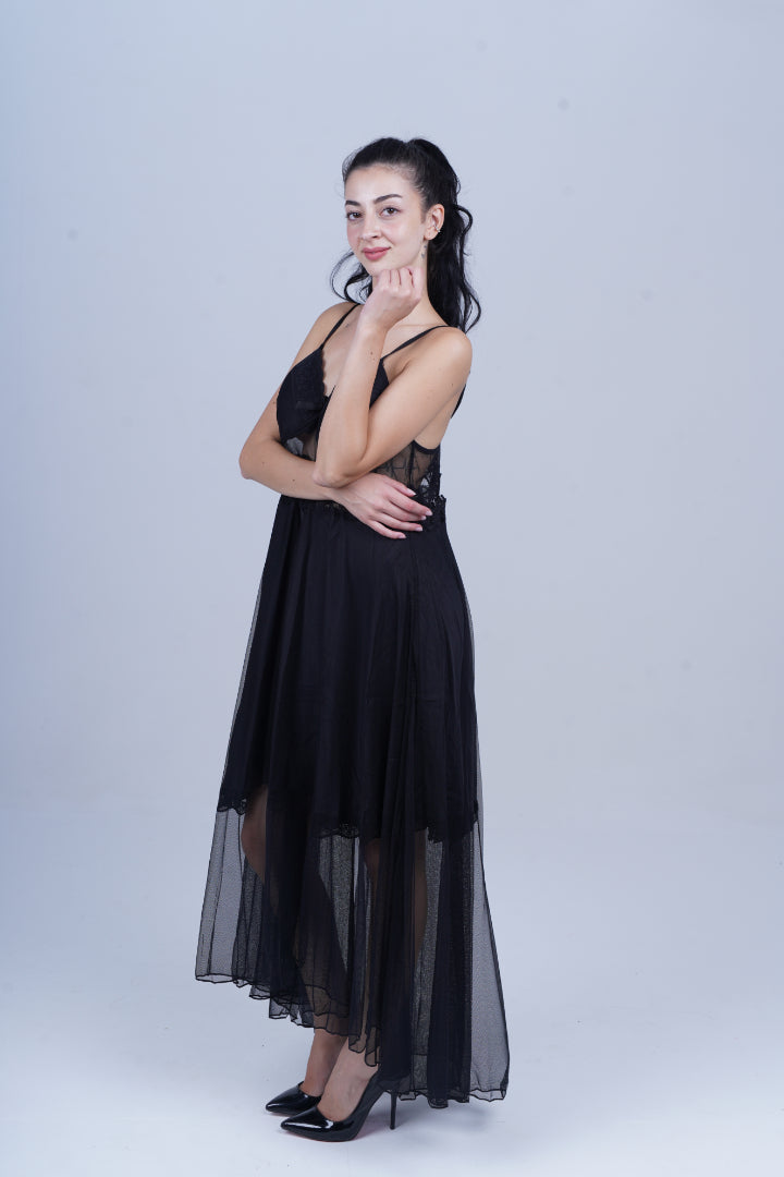 AXTZH Sheer Elegance Two-Piece Nightwear Set for Women X4025-BLACK-F22N