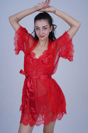 AXTZH Stylish Two-Piece Nightwear Set with Dramatic Sleeves and Tie-Up Belt X8809-RED-SF11N