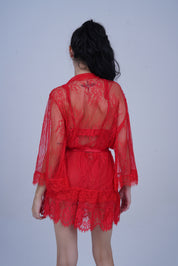 AXTZH Stylish Two-Piece Nightwear Set with Dramatic Sleeves and Tie-Up Belt X8809-RED-SF11N