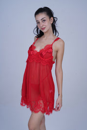 AXTZH Stylish Two-Piece Nightwear Set with Dramatic Sleeves and Tie-Up Belt X8809-RED-SF11N