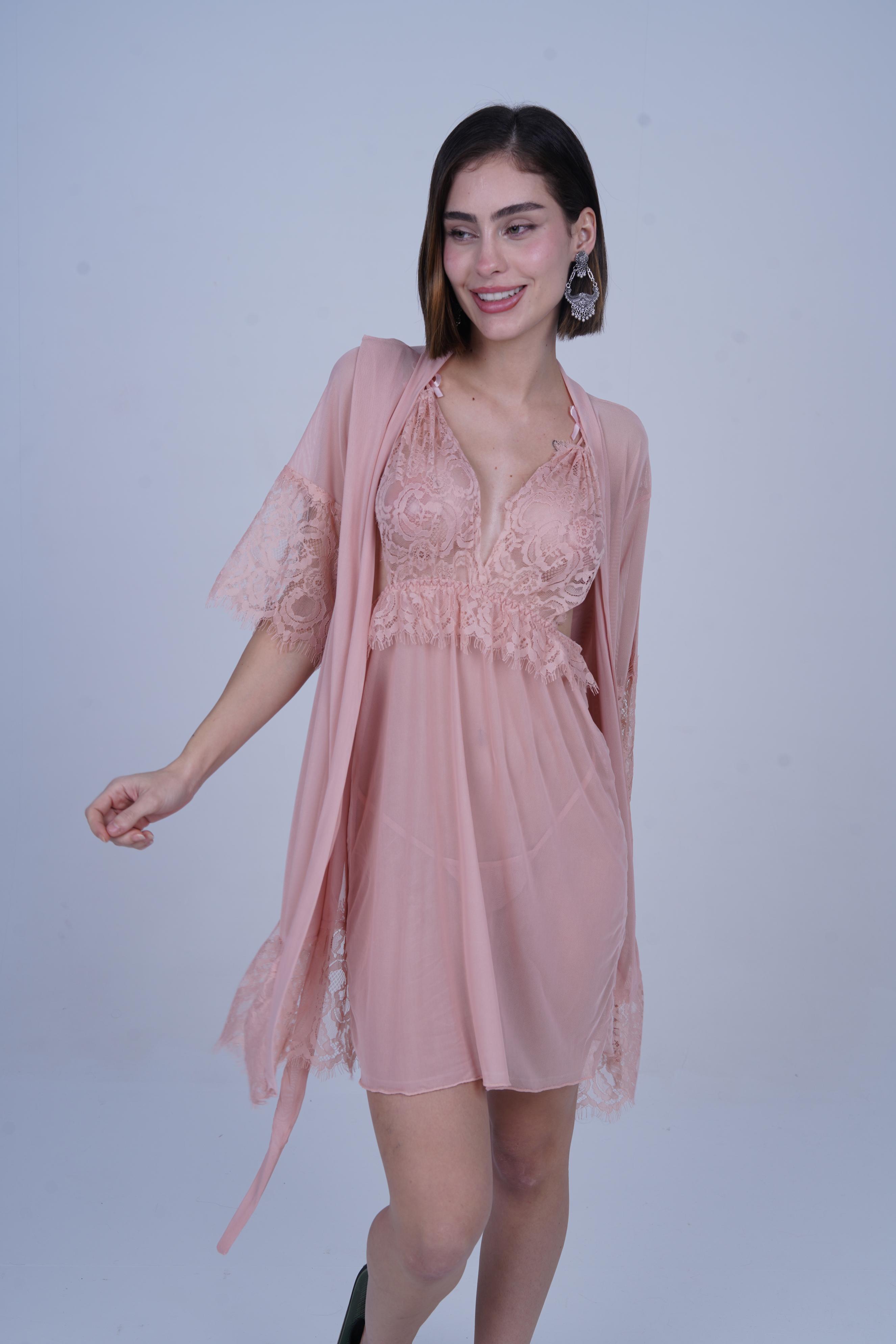 AXTZH Women’s 2 Piece Nightwear Set with Sheer Robe and Slip Dress X8806-APRICOT-F11N