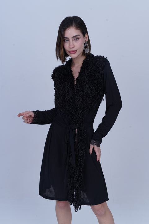 AXTZH One-Piece Sexy Nightwear for Women with Deep Neckline and Delicate Fringe Detailing X8808-BLACK-H1L