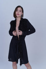 AXTZH One-Piece Sexy Nightwear for Women with Deep Neckline and Delicate Fringe Detailing X8808-BLACK-H1L