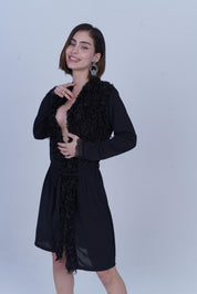 AXTZH One-Piece Sexy Nightwear for Women with Deep Neckline and Delicate Fringe Detailing X8808-BLACK-H1L